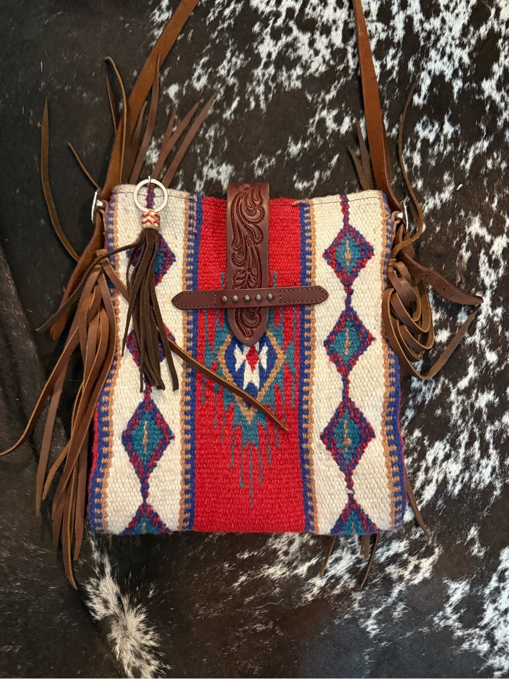 Boho Southwestern Red Woven Crossbody Bag with Leather Fringe